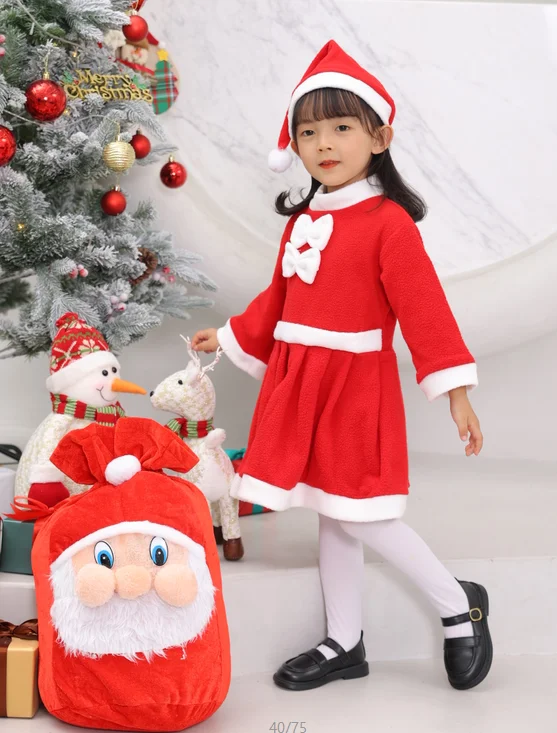 

3pcs Christmas Cosplay Costume for Kids Girls Santa Claus Father Christmas Set with Gift Bags Dress Up Clothes Party Carnival