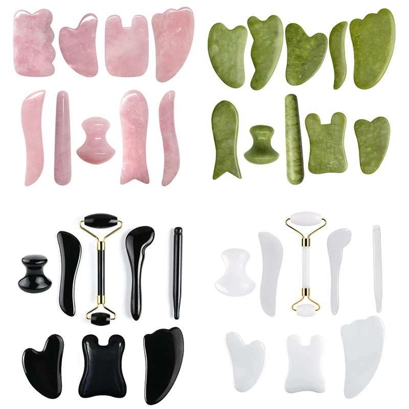 Natural Stone Guasha Board Set Rose Quartz Obsidian Stone Jade Massager Gouache Scraper Facial Lift Acupuncture Skin Care Tools