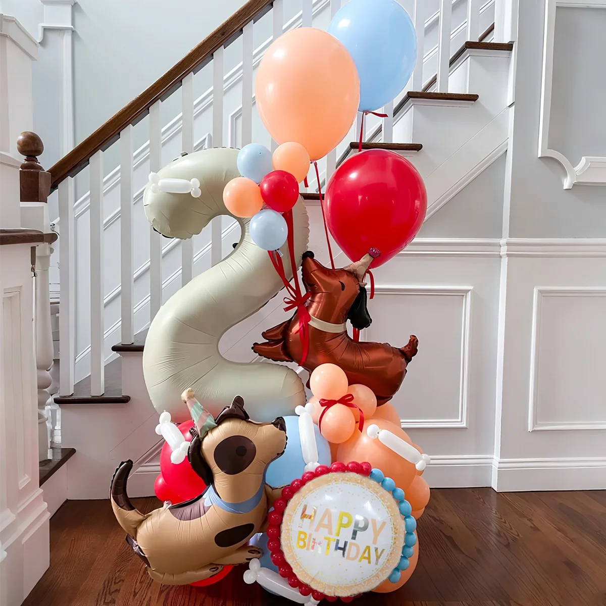 Milchweißes digitales Säulenballon-Set mit niedlichen Hunde-Aluminiumfolienballons für Jubiläums- und Geburtstagsfeiern (0-9)
