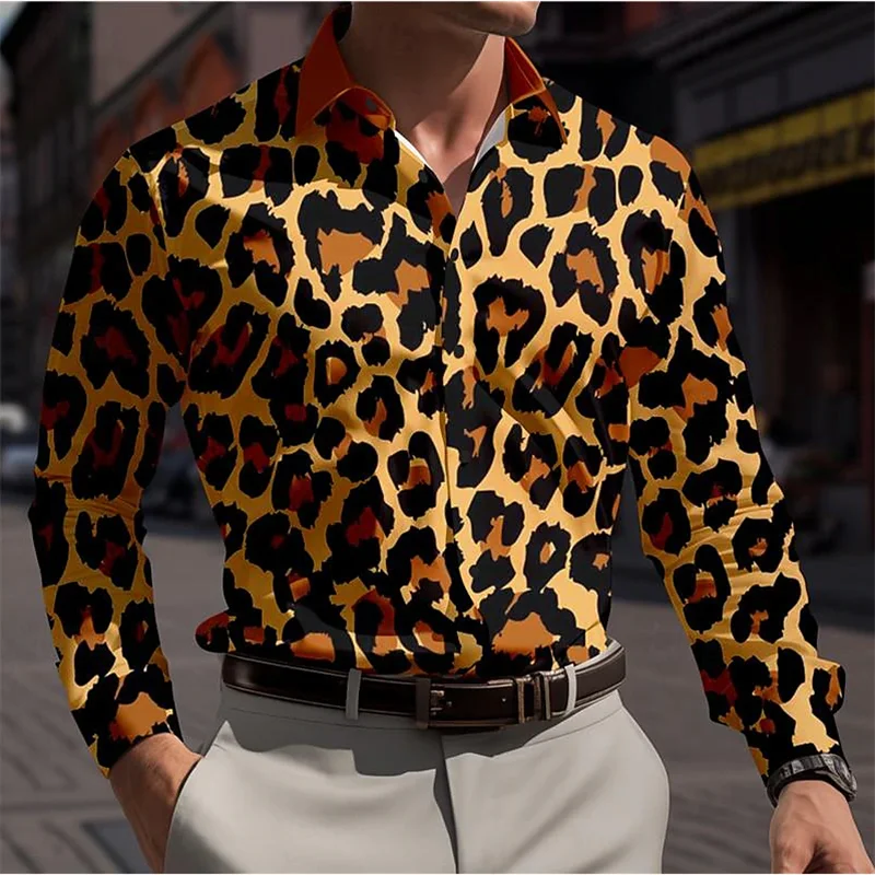 thumbnail image 1 of Camisa informal con estampado de cebra y leopardo para hombre, camisa con estampado 3D, para vacaciones en la calle, con solapa, manga larga, elástica, talla 5XL, 2024, 1 of 5