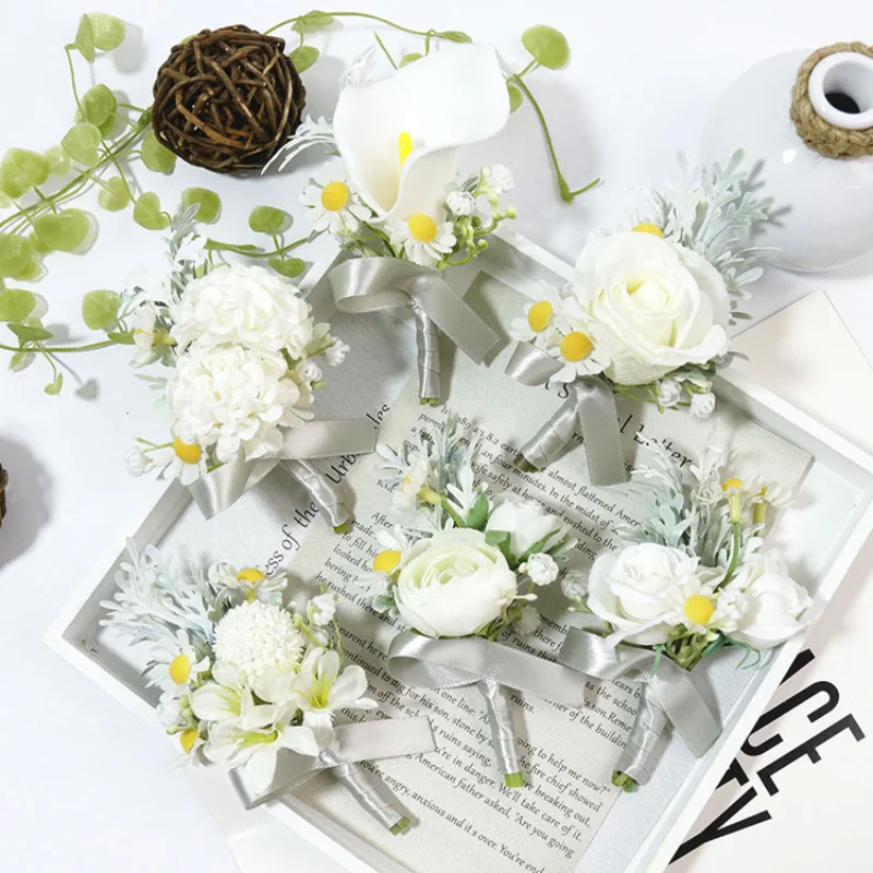 

BAIFUMINGYI White Dasiy Artifical Flowers Bridesmaid Boutonnieres Bracelet Wrist Corsage Marriage accessories