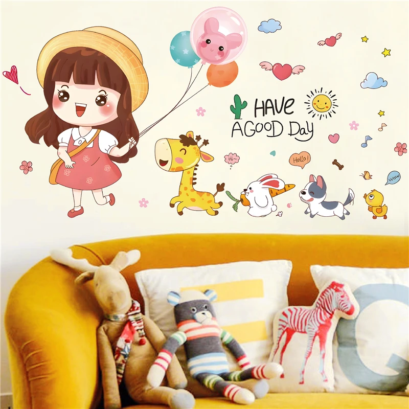 

Cartoon Girl With Cute Dog Rabbit Giraffe Wall Stickers For Kids Bedroom Decoration Animals Mural Art Diy Home Decals Pvc Poster