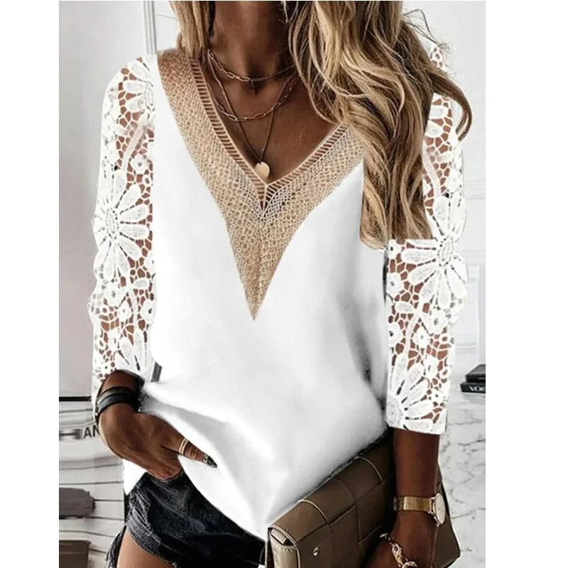 

Popular Design Women's Spring Fresh Temperament Elegant Style Nine-Quarter Sleeve V-neck Stitching Hollow Lace Chiffon Shirt