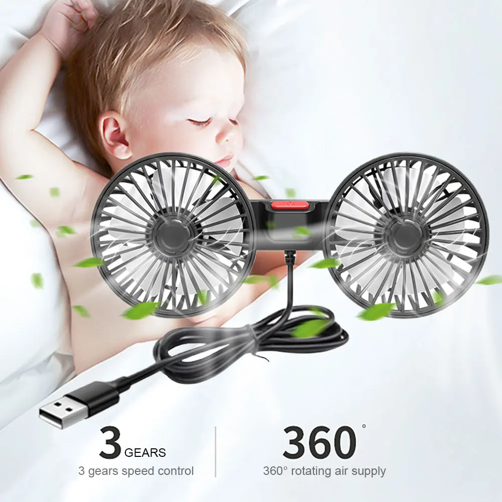 차량 장착 선풍기 듀얼 헤드 전기 공기 순환기, USB 5V, 360 도 회전, 3 단 조절 가능, 자동차 전기 기기