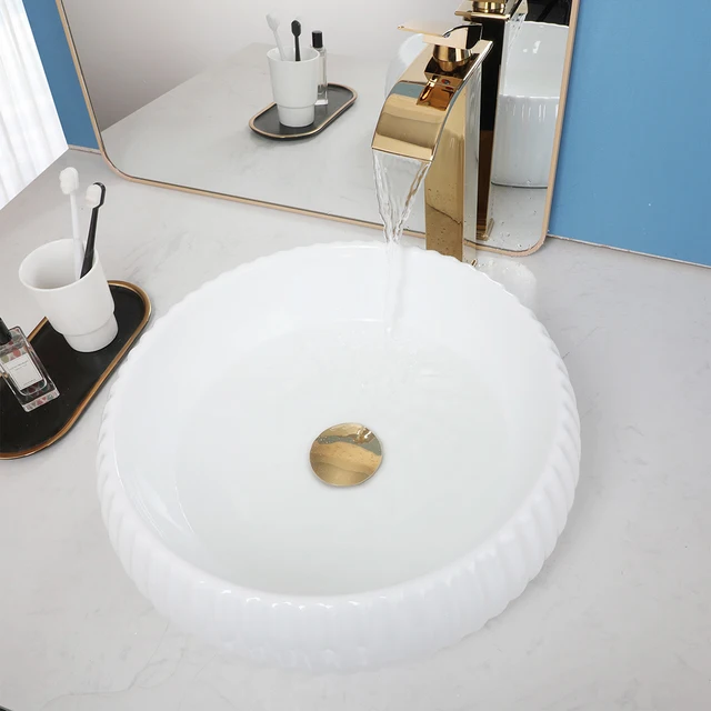 Torayvino เซรามิคสีขาวรอบห้องน้ําอ่างล้างจานทองเหลืองก๊อกน้ําอ่างล้างหน้า Bath รวมเรือ Vanity W/Pop-up Combo Kit 3