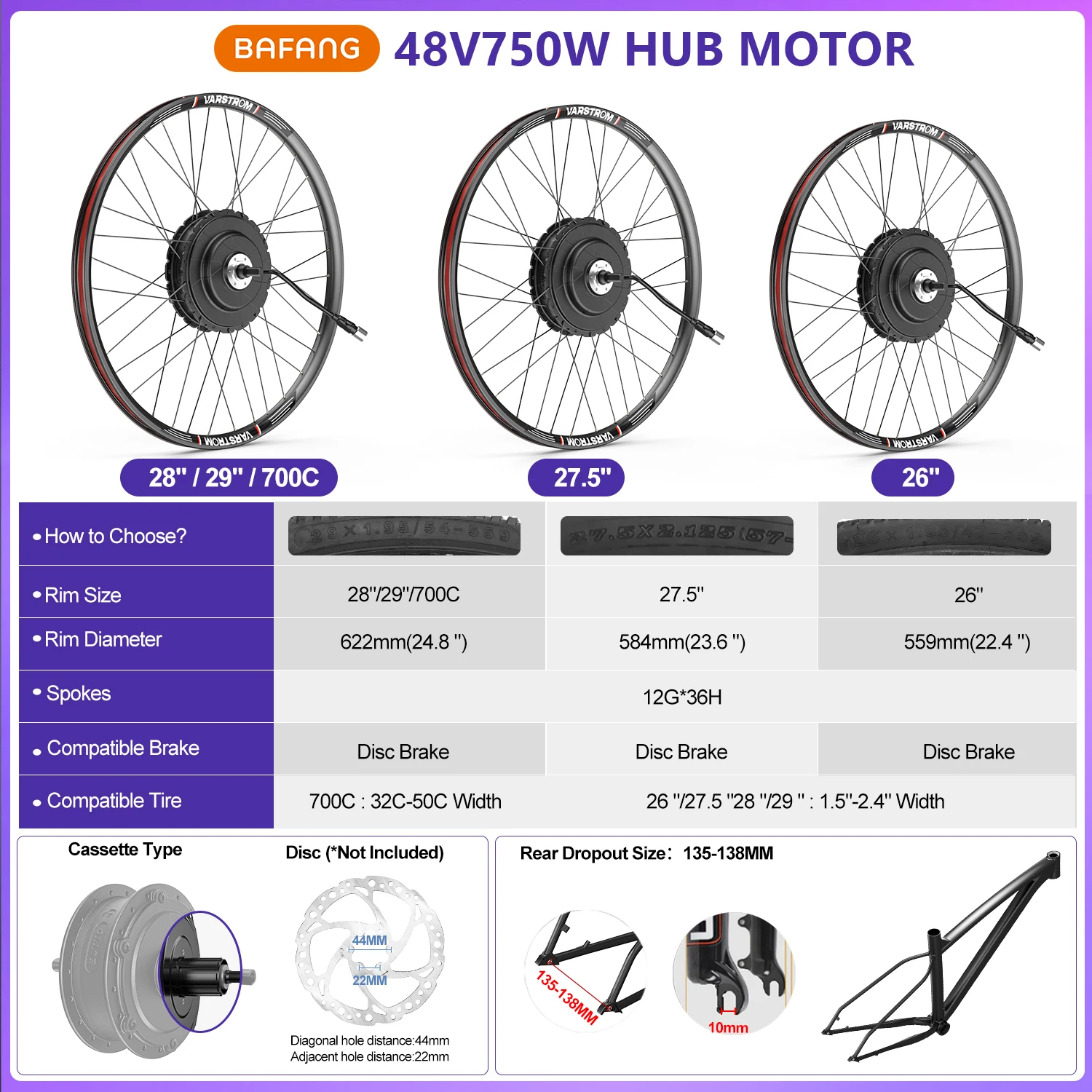 BAFANG G0900 48V 750W Hinterradmotor -Fit 26 Rad, H640 E-Bike Umbausatz inkl Hinterrad Kassettennabenmotor mit Felge, DZ40 Display, PAS-Sensor für City- und Mountainbikes