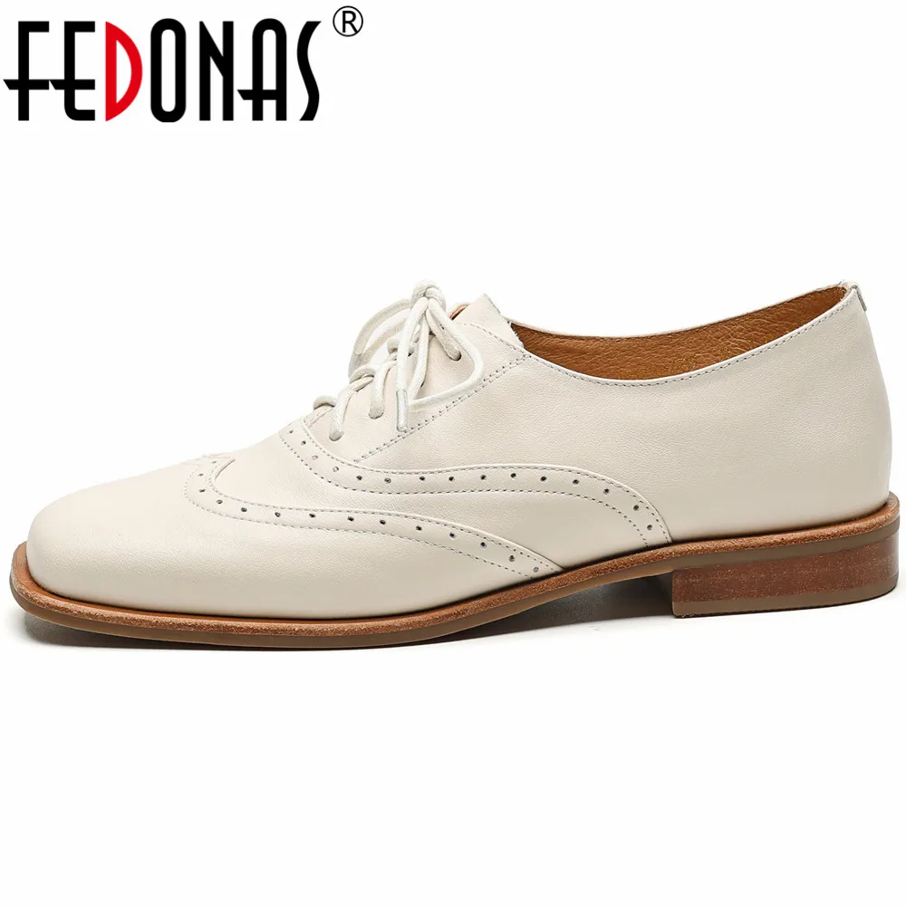 

FEDONAS Women Pumps Low Heels Square Toe Genuine Leather Quality Shoes Woman Retro Lace-Up Office Lady Working Spring Summer New