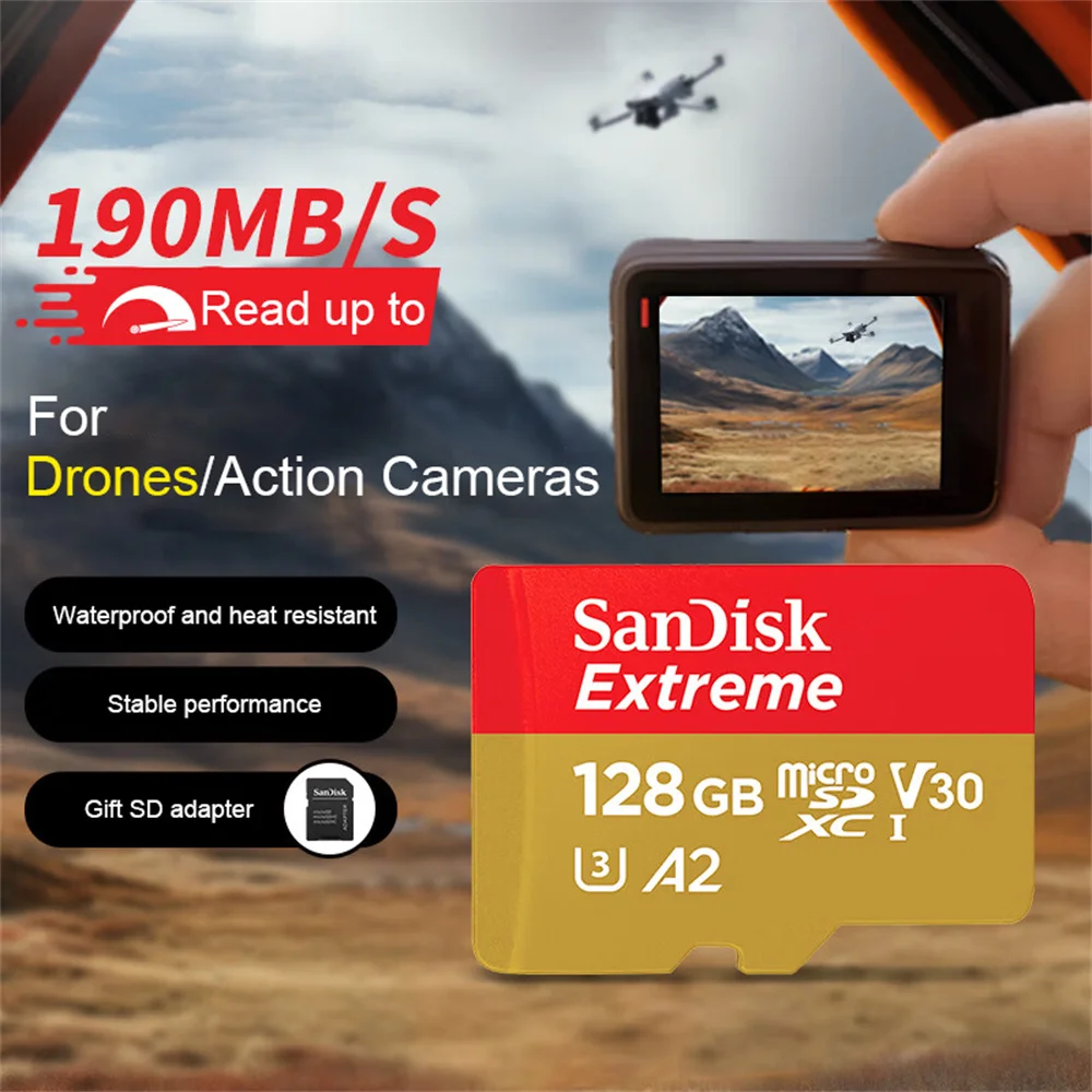 SanDisk Extreme 마이크로 SD 카드, 카메라 고프로 DJI 닌텐도용, 오리지널 UHS-I 카드, 4K 플래시, 마이크로 SDXC A1 A2 U3