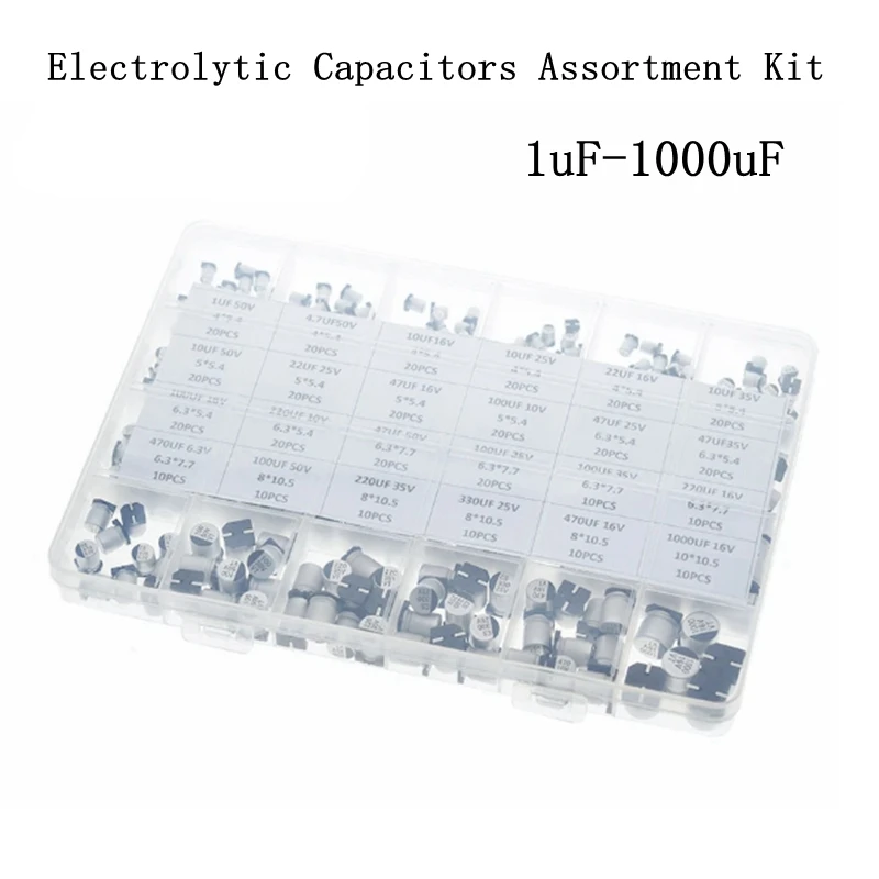 

1uF~1000uF 6.3V-50V 400Pcs 24Value SMD Aluminum Electrolytic Capacitors Assortment Kit+ Box