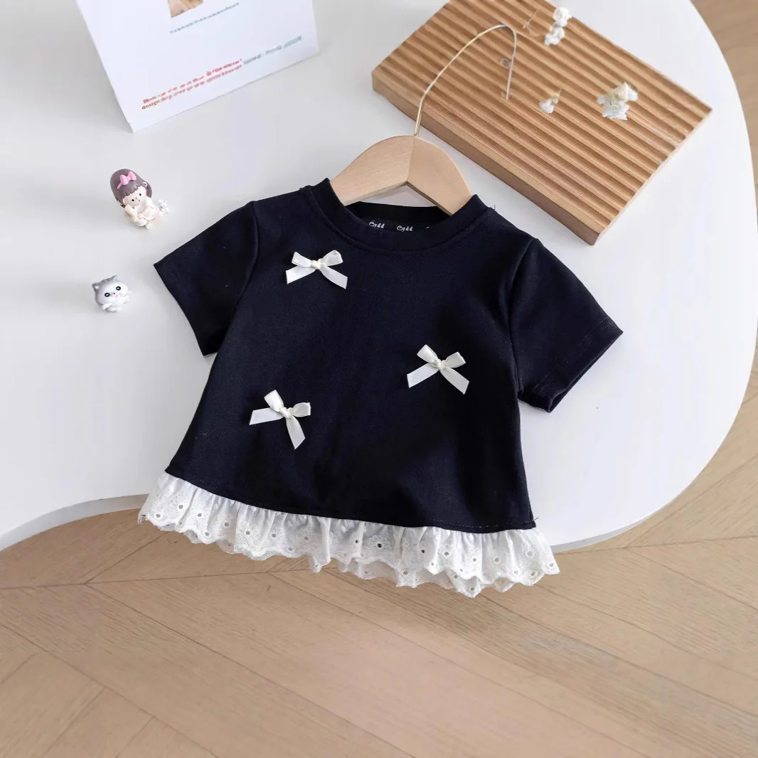 달콤한 소녀들 리본 반팔 티셔츠 여름 어린이 레이스 라운드 넥 탑 한국  소녀 티셔츠