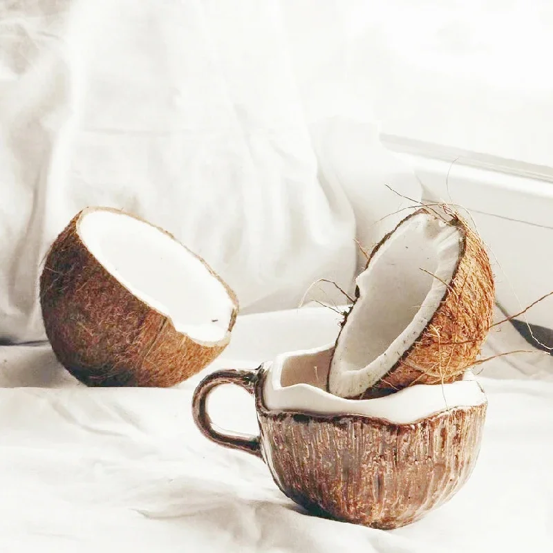 HZIYOU Ceramic Coconut Shaped Coffee Mugs - Unique Kiln-Altered Glaze, Large Handle, Set Of 4 - View #2