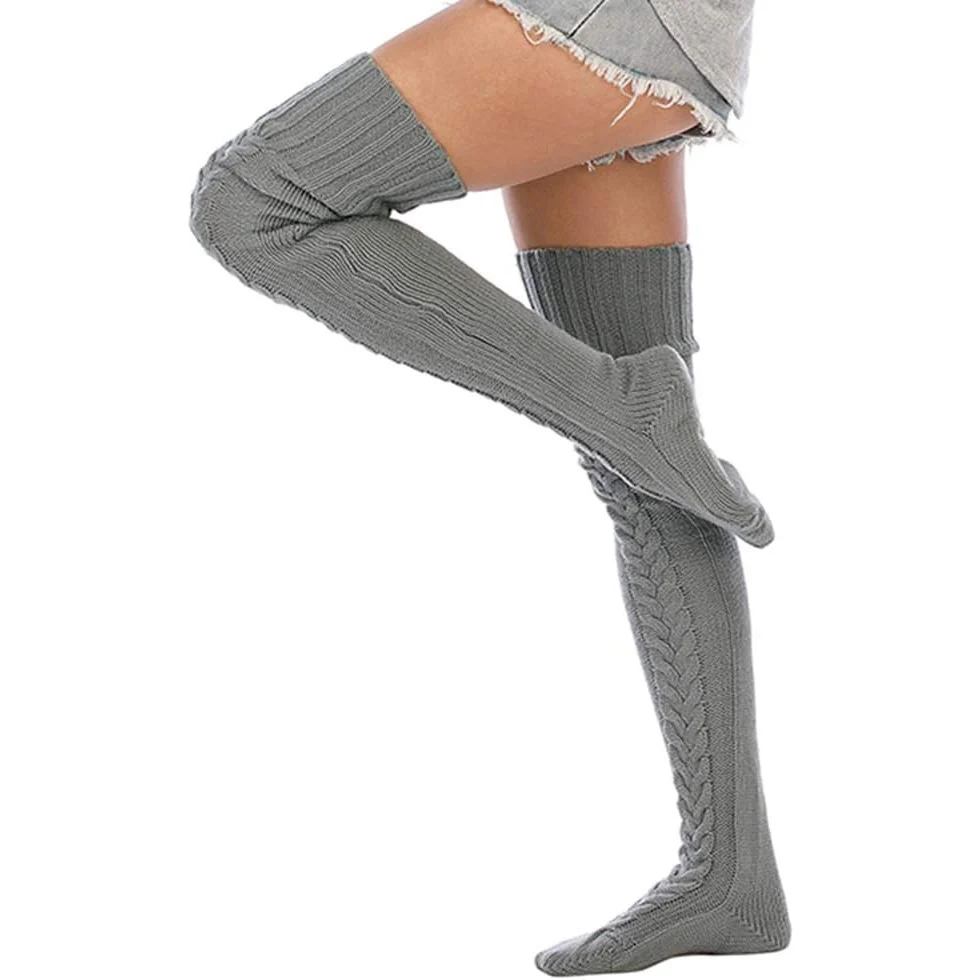 1 Paar Damen-Stiefelsocken mit Zopfmuster, gestrickt, oberschenkelhoch, extra lange Winterstrümpfe, Overknee-Beinstulpen – Detail 18
