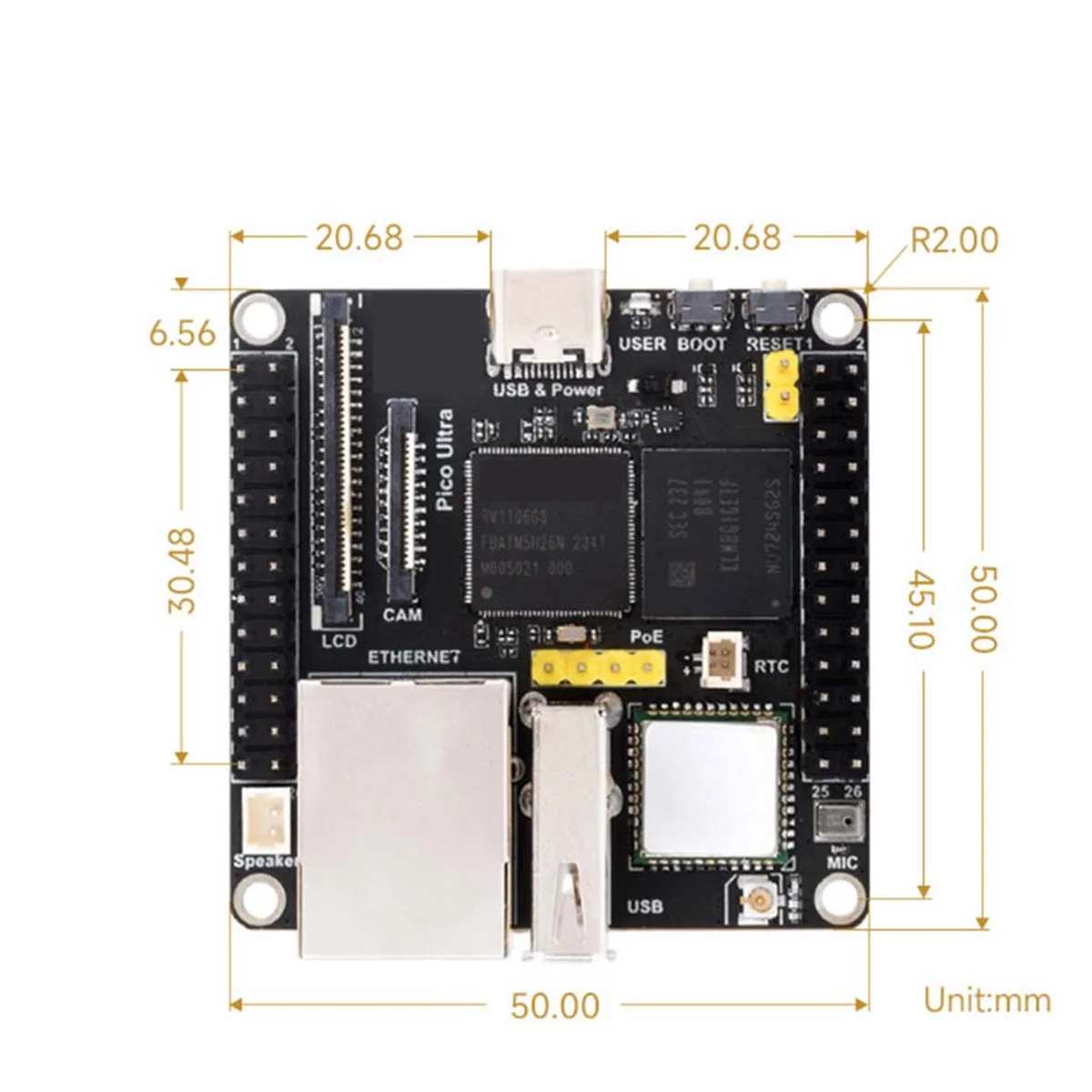 울트라 WiFi 개발 보드용 A64I RV1106 RISC-V Linux WiFi6+BT5.2 8G EMMC는 PoE 이더넷 전원 공급 장치를 지원합니다.