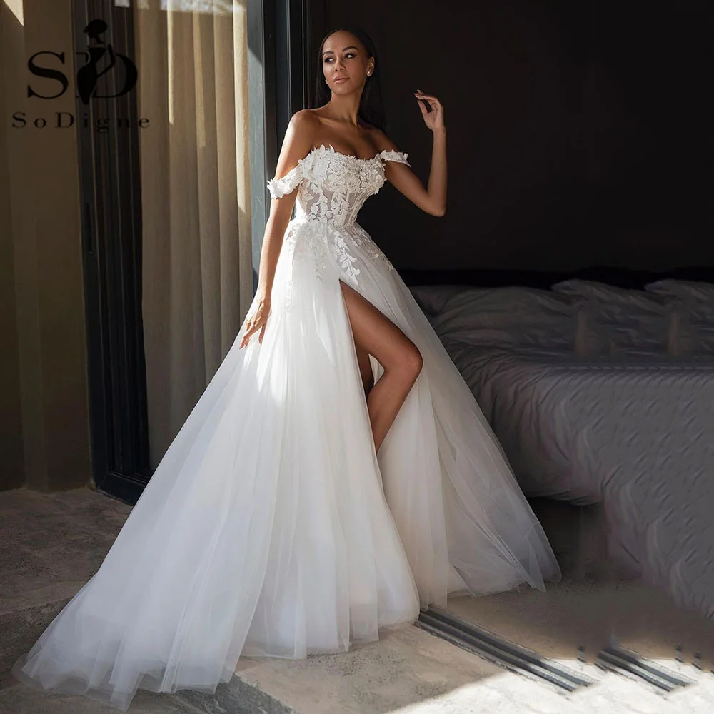 SoDigne Luxury Boho Wedding Gown 2023 Off The Shoulder Lace Wedding Dresses Women Side Split Bride Dress Princess robe de mariée 3