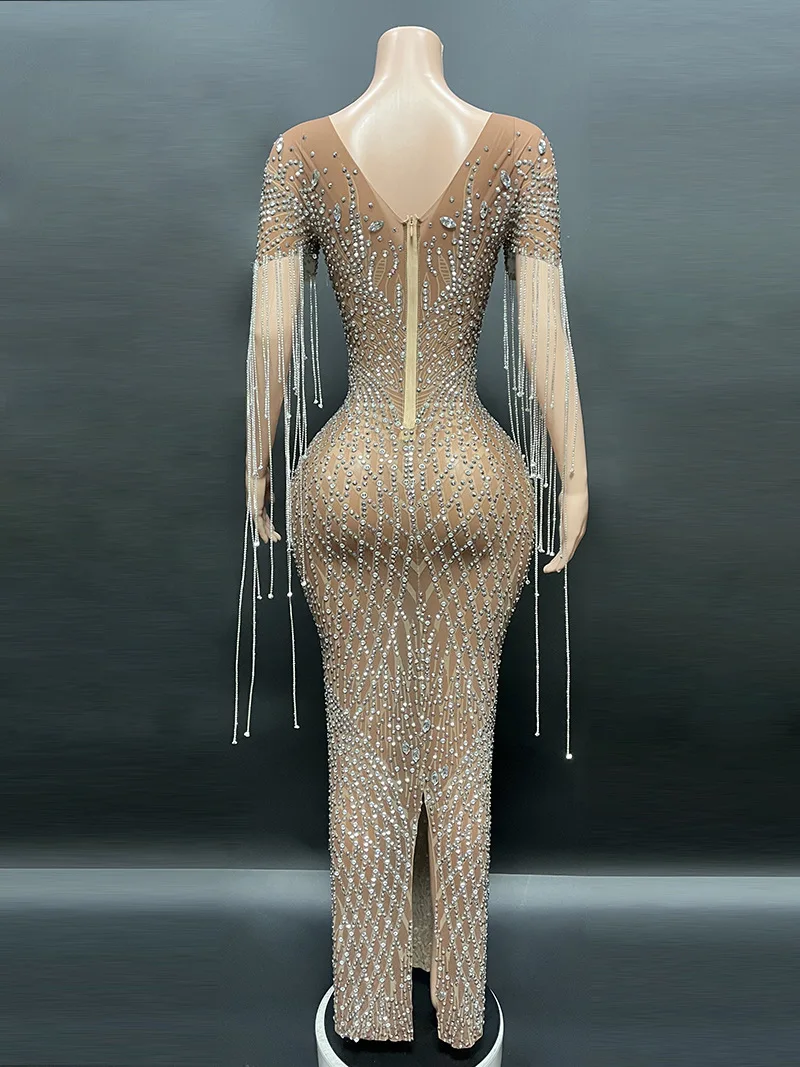 Transparent Long Diamond Dark Brown Party Dress Birthday Luxury Costume Fancy Brilliant Dancer Wedding Dress Impressive Dress 5