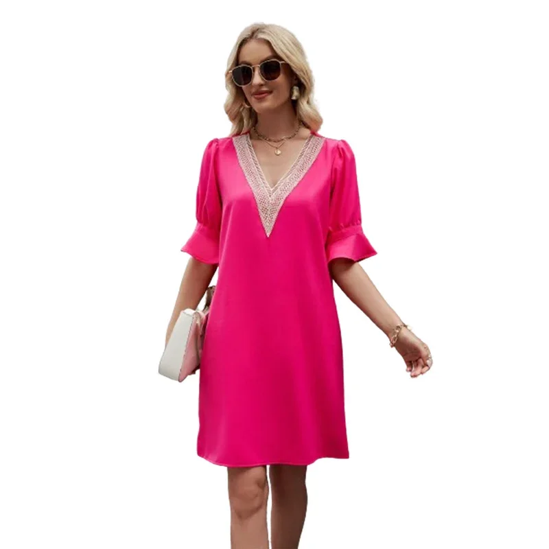 

Elegant Lace Splice V Neck Dresses Women Pleated Ruffle Half Sleeve Loose Dress Female Solid Color Comfortable Casual Midi Gown