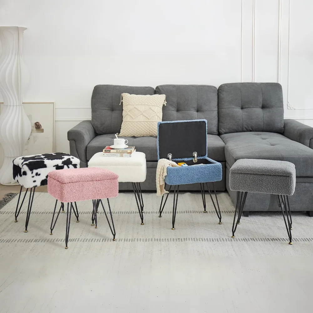 Description Picture 5 of itemFaux Teddy Fur Ottoman Foot Stool with Metal Legs & Adjustable Black Feet, Flip Top Storage Makeup Stool with Soft Padded Seat