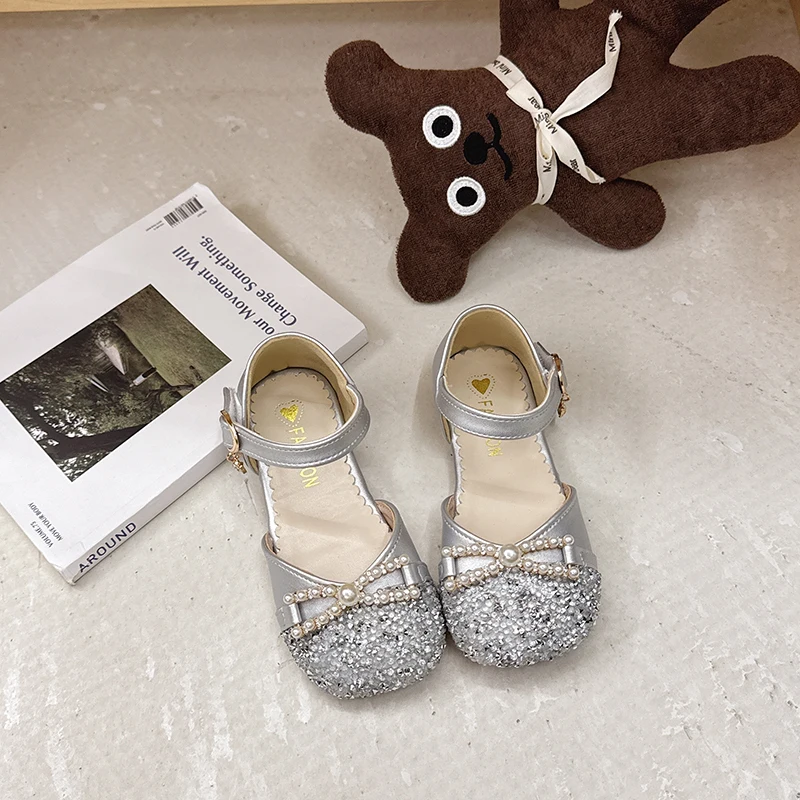 Girls Non Slip Ballet Flats Shoes with Glitter Bow