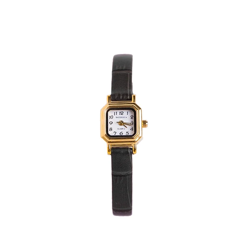 

Gem Flower Small Mini Pocket Student Digital Gold Watch Square Sugar Genuine Leather Vintage Simple Watch Women's Art Style