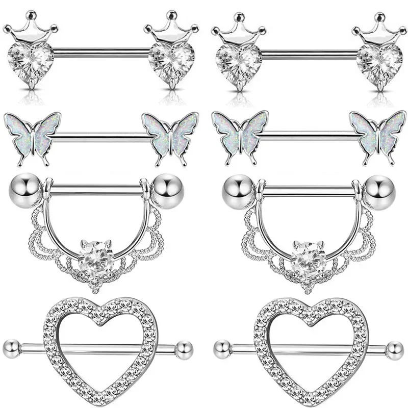 Pink Heart Crystal Flower Nipple Jewelry Set - Shiny Barbell Collection