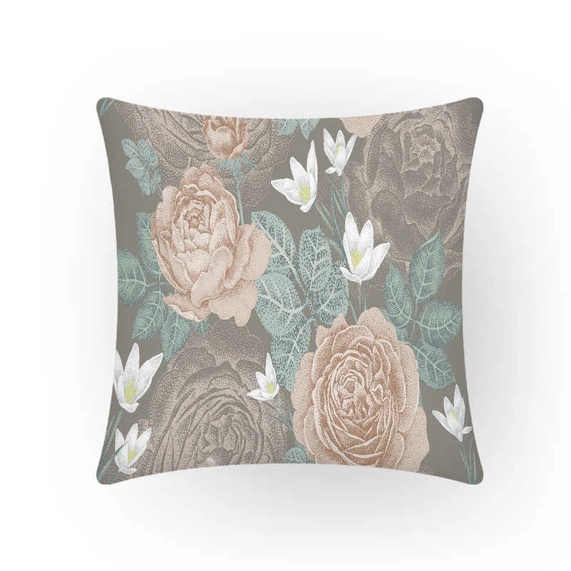 Flower Peony Vines Cushion cover Pillowcase 45 x 45 cm Felt Grey Brown Blue 