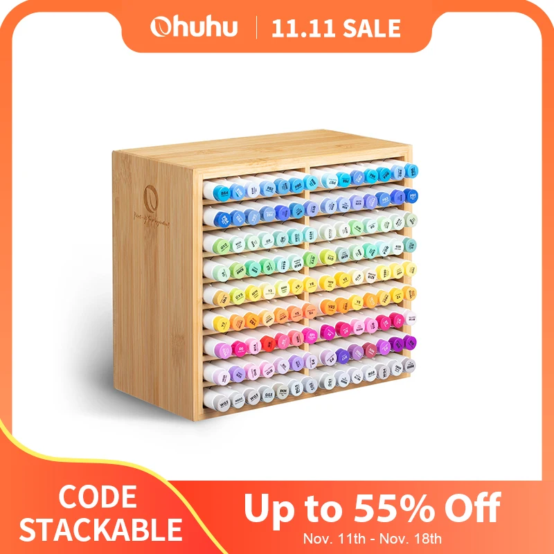 Ohuhu Bamboo Marker Organizer Wooden Desktop Storage Hold 126 Markers Pens Pencils Art Brushes Stationary Organizer pen holder desk organizer pen and brush holder