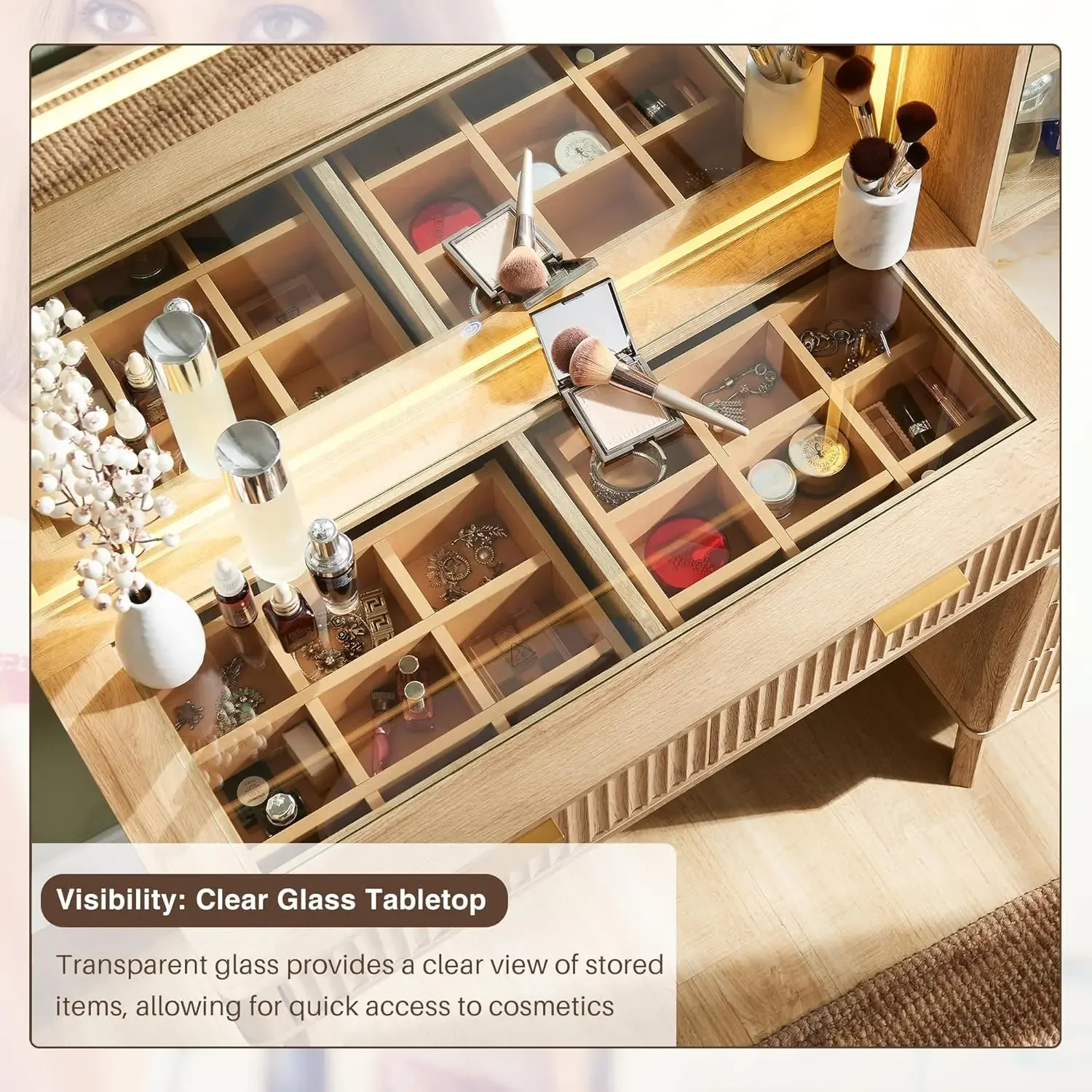 T4TREAM 48" Fluted Makeup Vanity Desk with Large 36" Mirror Lights Modern Glass Top Big Table 5 Drawers Adjustable Shelves Oak 5