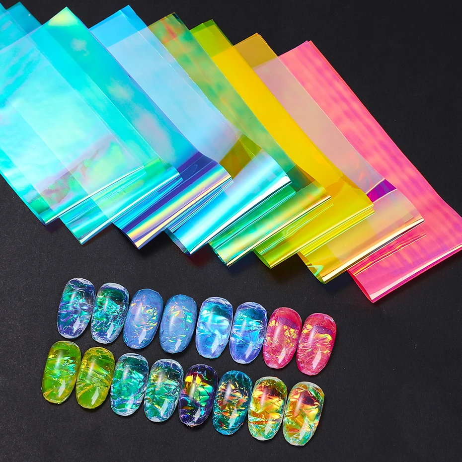 8pcs/pack Holographic Aurora Film Nail Glass Paper DIY Foils Laser Colorful Shinning Nail Cellophane Sliders Manicure Decoration