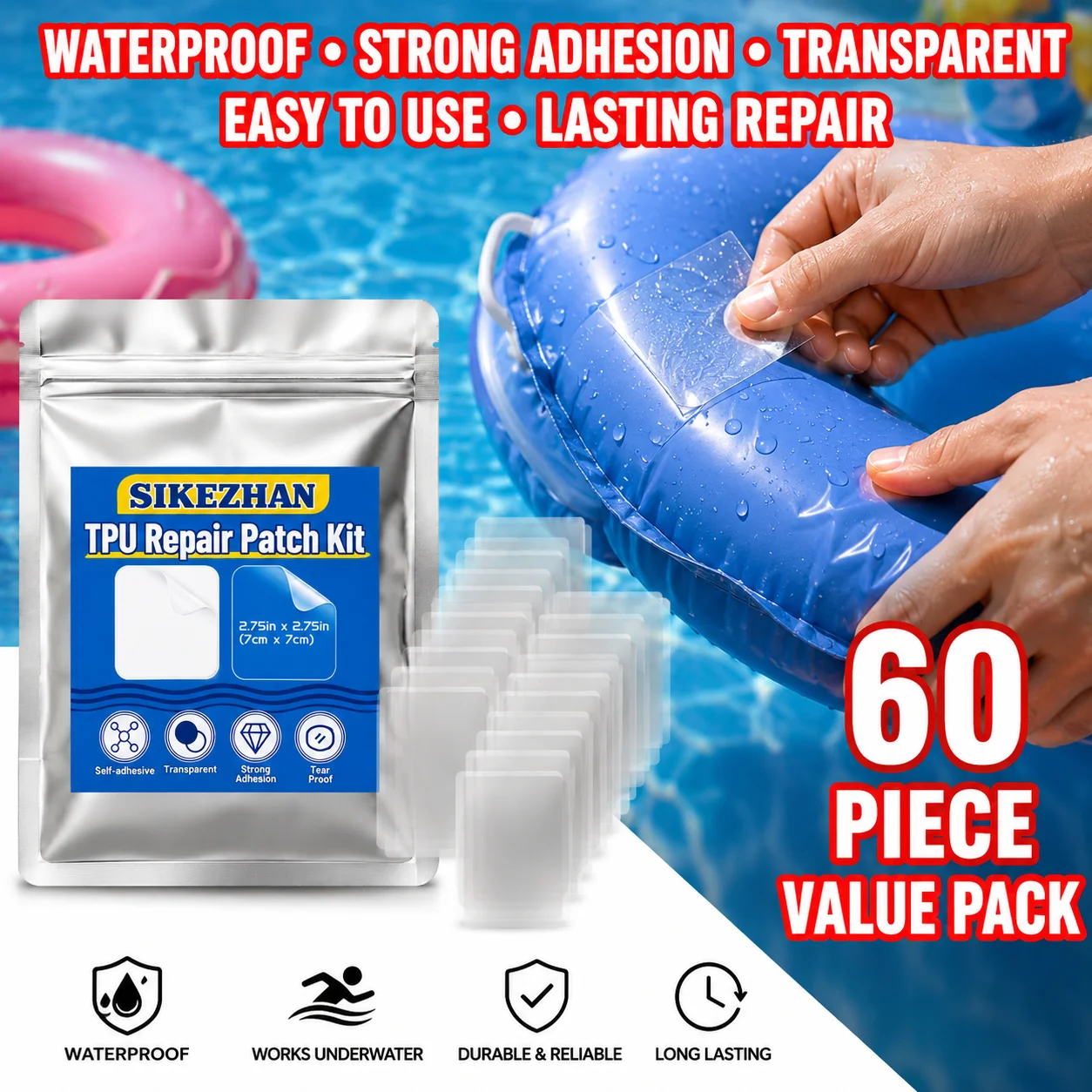 TPU Repair Patch Kit, Clear Self-Adhesive Waterproof Fix Tape Patches for Inflatable Swimming Pool Ring Float Air Mattress