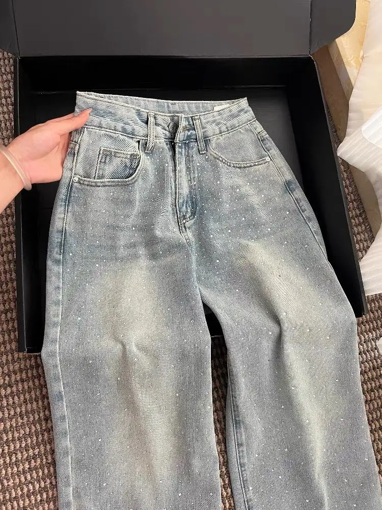 Glittering Loose Straight Leg Jeans Women's High Waist Slimming Skinny Wide Leg Pants Casual Waed Denim Casual Daily Wear