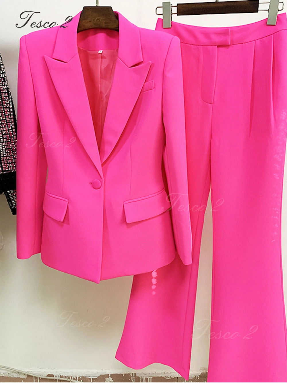 Tesco 2 Formal Women's Suit Slim Fit Long Flare Pants Women Suit 2 Piece Jacket Blazer Pants Chic And Elegant Woman Set