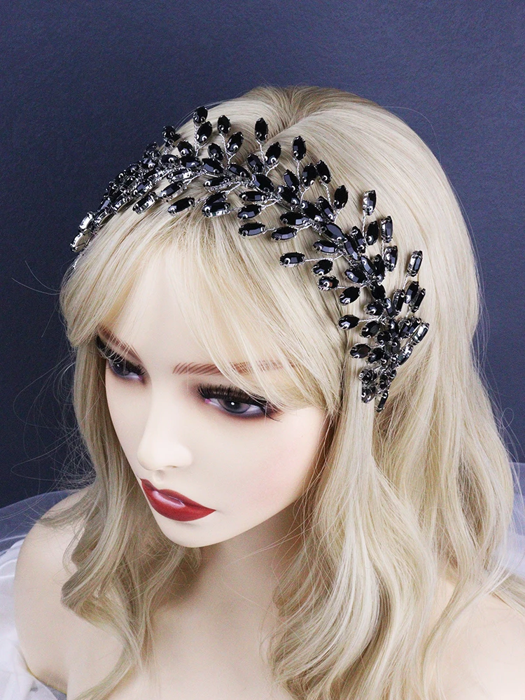 Black Rhinestones Headband Wedding Hair Accessories for Women and Girls Bride Headdress Guest Head Jewelry Ceremony Tiaras Gifts