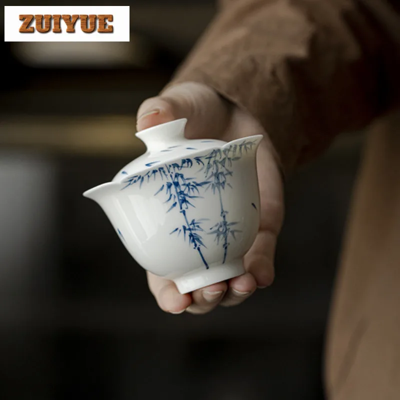 120ml Jade Mud Flower Mouth Gaiwan Hand-painted Bamboo Cover Bowl Boutique High-feet Tea Tureen Tea Maker Chinese Set Gift