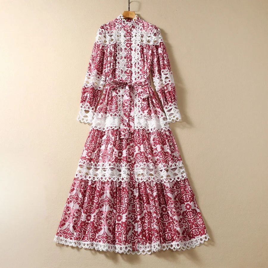 

European and American women's clothing 2023 autumn new Stand collar Long sleeve hollow splicing print fashion Pleated dress