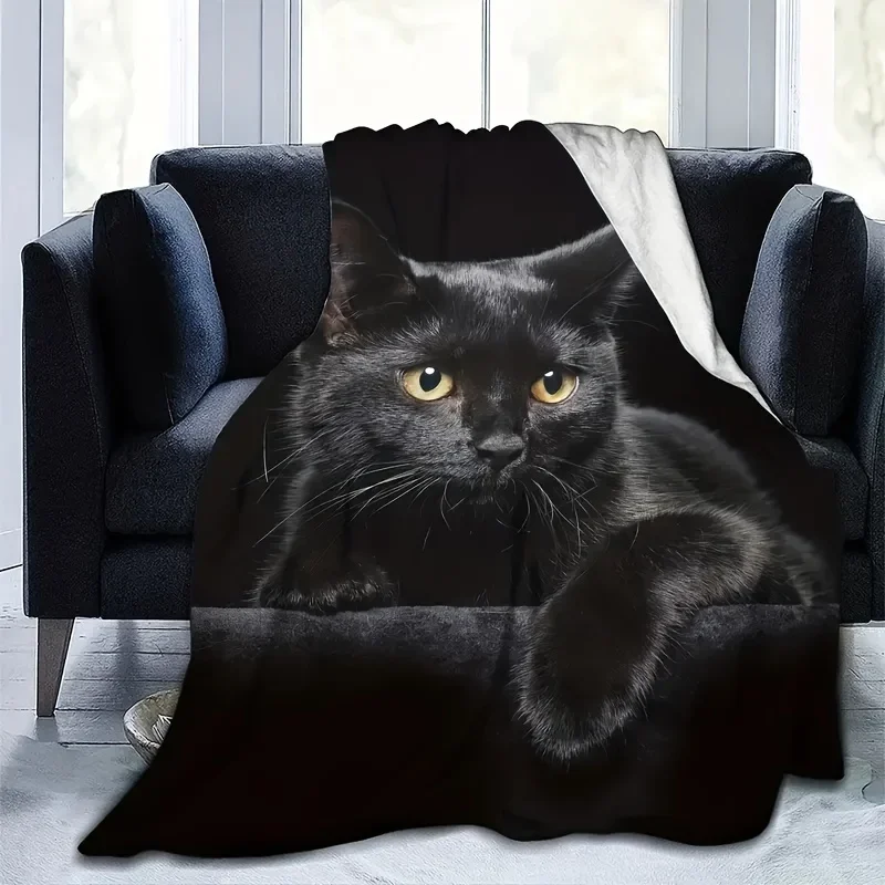 1pc Cute Black Cat With Yellow Eyes Soft Throw Blanket All Season Warm Blankets Lightweight Tufted Fuzzy Flannel Fleece Throws B 5