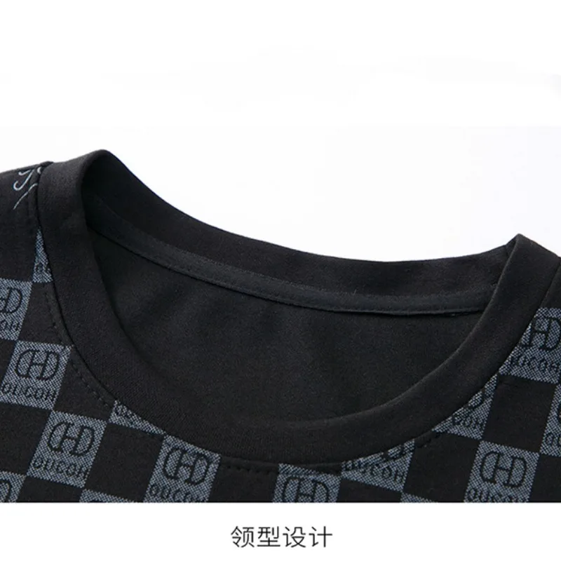 Spring and Autumn Men's Pullover Round Neck Letter Print Checkered Geometric Contrast Color Long Sleeve T-shirt Hoodies Tops