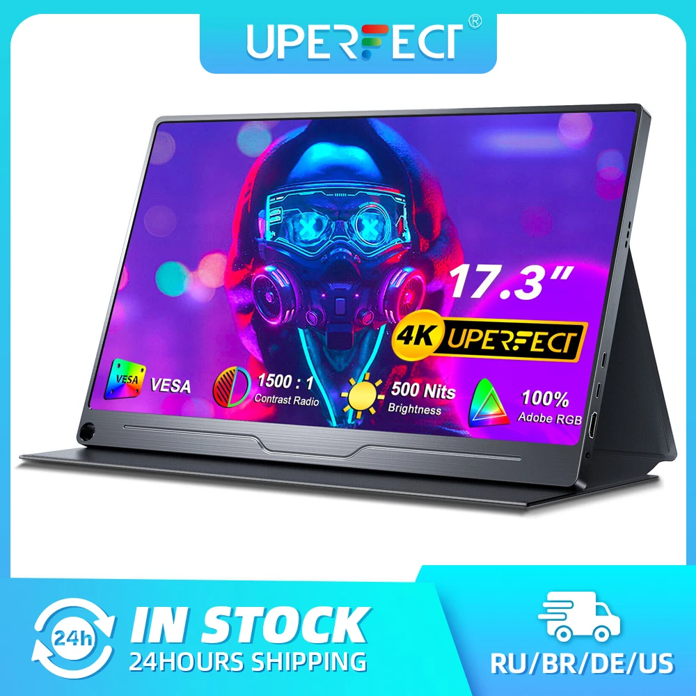 UPERFECT 17.3인치 노트북용 4K 휴대용 모니터 3840*2160 100% Adobe 1500:1 FreeSync IPS 컴퓨터 디스플레이 USB C HDMI 외부 화면(VESA 스피커 포함) 스마트 케이스 