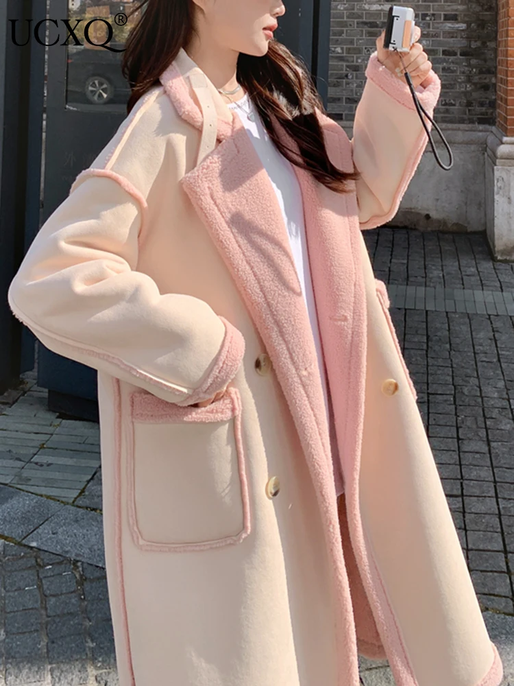 

UCXQ 2023 Autumn Winter New Long Style Thickened Pink Lamb Wool Coat With Leather And Fur In One Piece Women's OverCoat 23A4309