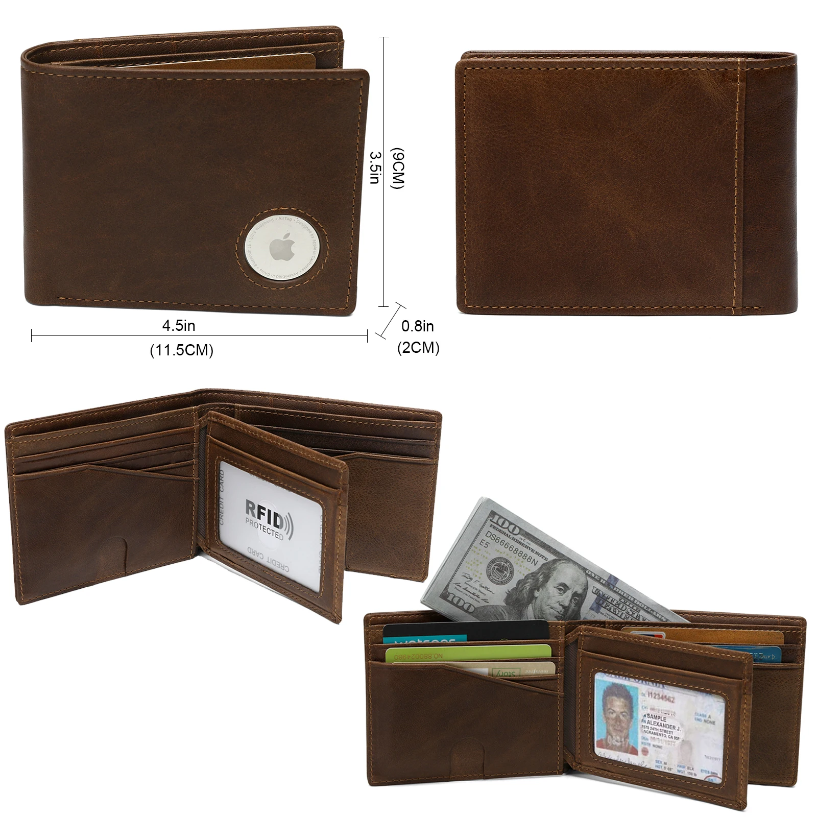 Airtag Men's Wallets RFID Genuine Leather Trifold Wallets For Men With ID Window And Credit Card Holder 6