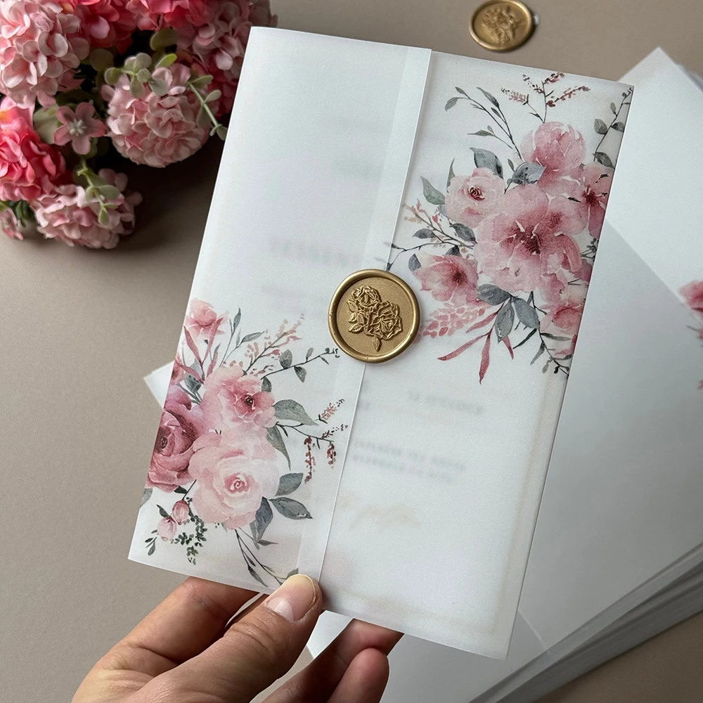 25pcs Watercolor flower Vellum Wrap 5 x 7 Wedding Invitation wedding invitations