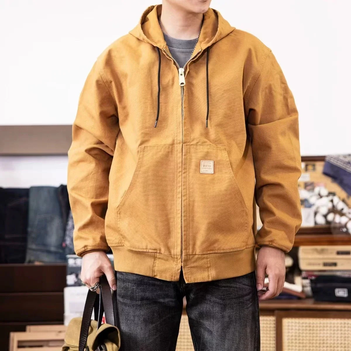 Red Tornado Unlined Duck Active Jacket Vintage Americana Workwear Fall Men Hooded Coat 4