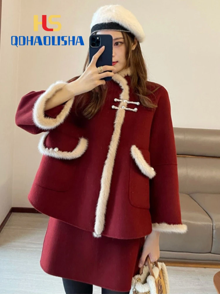 

Two Piece Set for Women Christmas Autumn Winter Luxury Red Skirt Coat Thick Elegant Half Skirt Short Dress Set Clothes for Women
