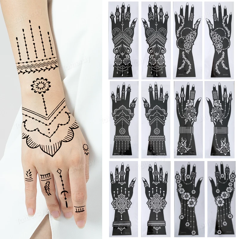 Tatuagem stencil henna tatuagem auto adesivo modelo temporário mão corpo  arte pintura moda feminina venda quente nova personalidade - AliExpress