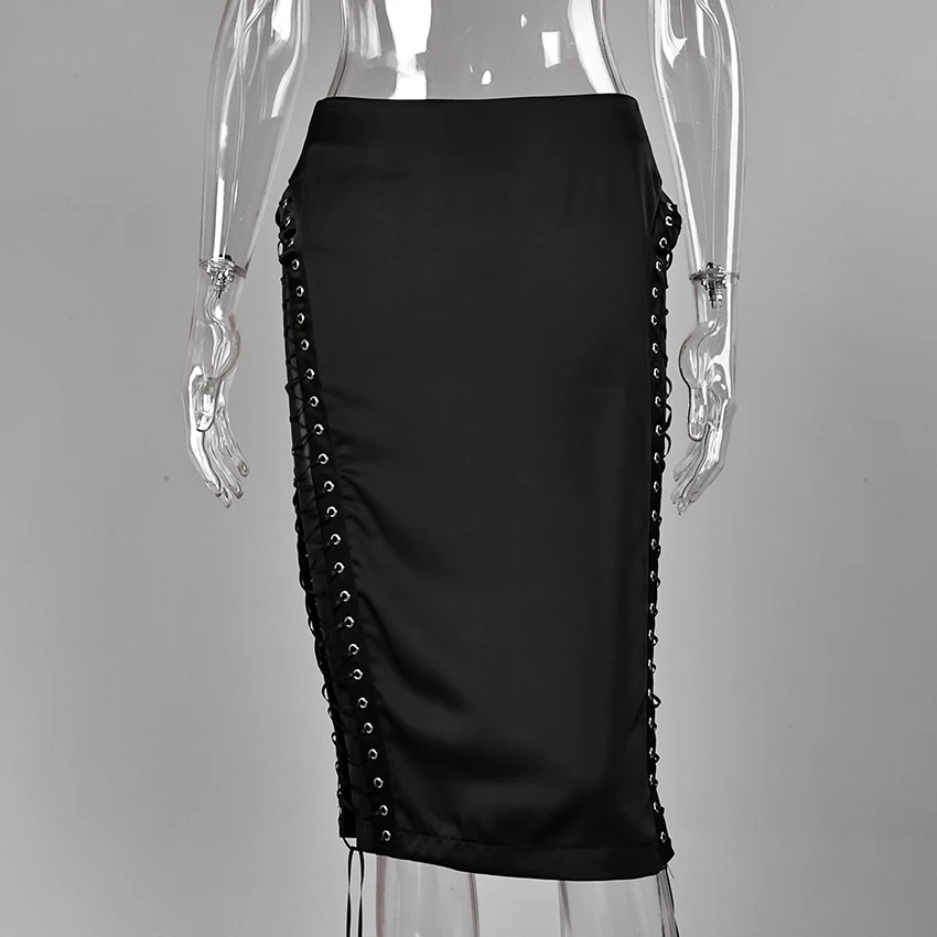 Linad Street Chic Black Satin Drawstring Skirts Woman 2026 Vintage Slim High Waist Straight Skirts Casual Lace Up Skirt Female