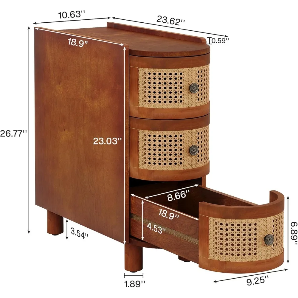 3-Drawer Rattan End Table, Solid Wood Sofa Side Table with Vintage Embossed Handles, Nightstand 2