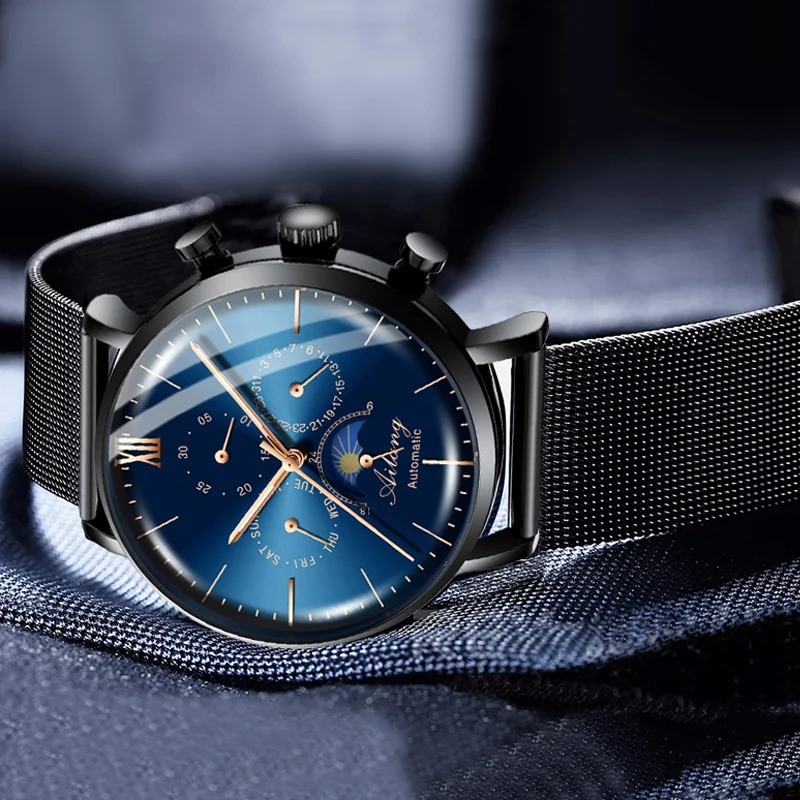 AILANG Black Steel Mesh Belt Men Automatic Mechanical Watch Top Brand Luxury Military Sport Male Moon Phase Clock Relogio