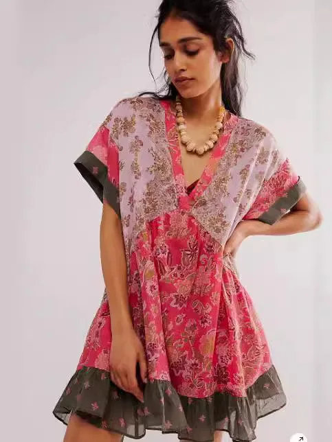 Color Vintage Print Mini Dresses Women Spring Summer New V-neck Short Sleeves Folds Loose Irregular Short Dress Fashion Vestidos