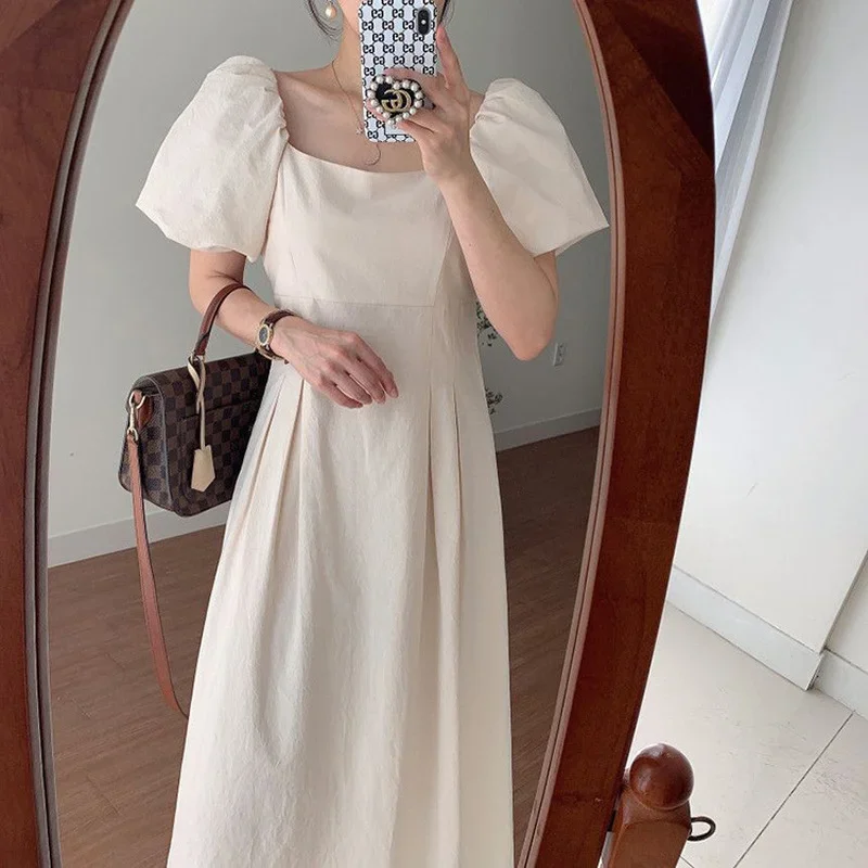 Korean Solid Casual Chic Elegant Women Dress 2024 Summer Vestido O Neck High Waist Straps Lantern Sleeves Pleated Long Dresses women elegant lantern sleeves o neck slim sweater dress autumn solid sheath knitted dresses winter mini vestidos lotus leaf hem