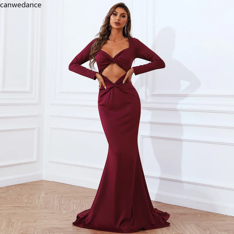 

New Cut Out Long Sleeve Bodycom Maxi Dress Vestidos Women Elegant Wlne Red Party Dresses Sexy Hollow Out Club Outfits