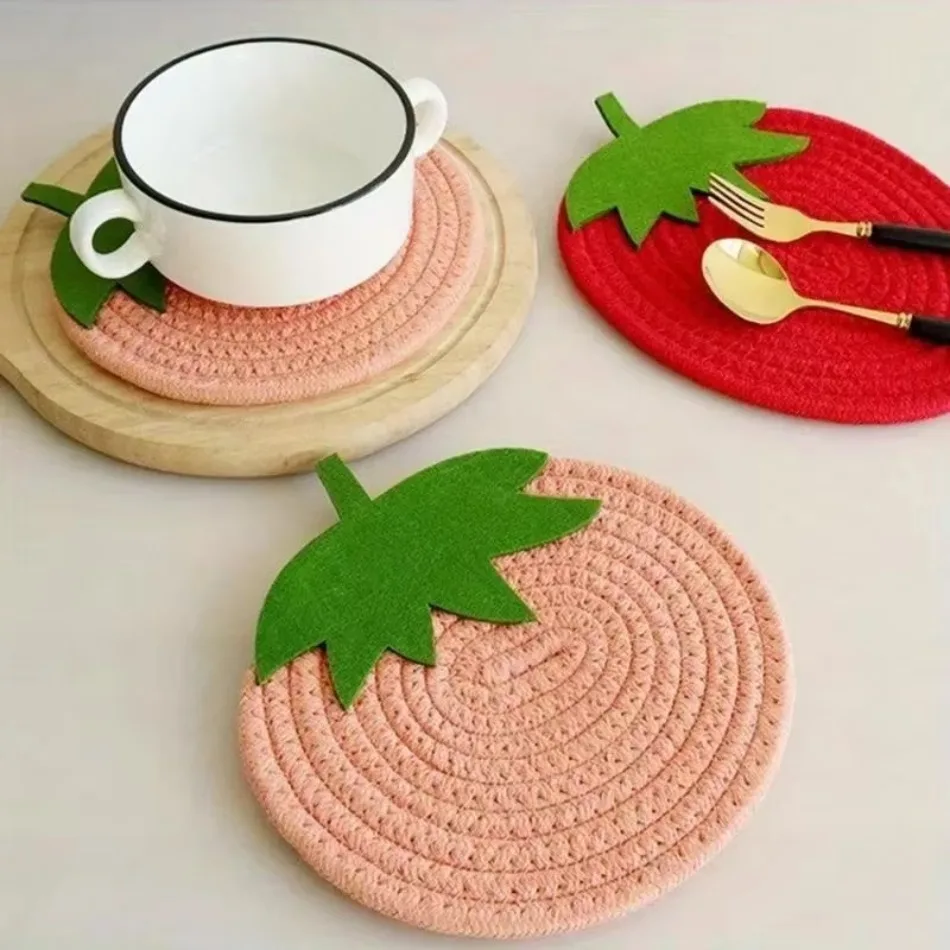 Cute Fruit Series Cotton Rope Meal Mat Non-Slip Coaster Jacquard Technique Heat Insulation Mat Featuring Strawberry Pumpkin Leaf